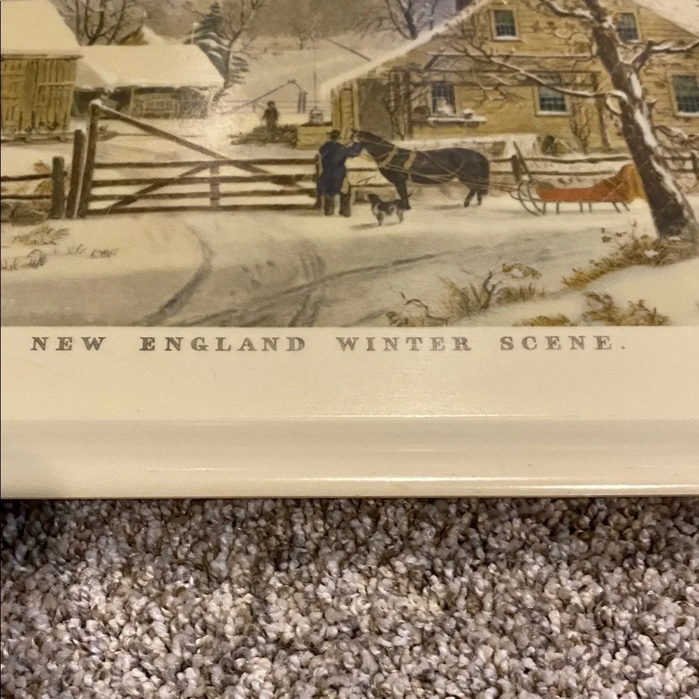 Vintage Style Cream Serving Tray. New England Winter Scene.